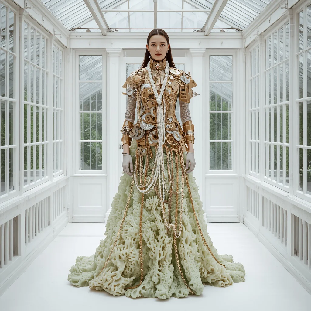 Bioluminescent Deep-Sea Coral Gown with Rigid Steampunk Gear Plating | prompt for look instagram — AI image prompt
