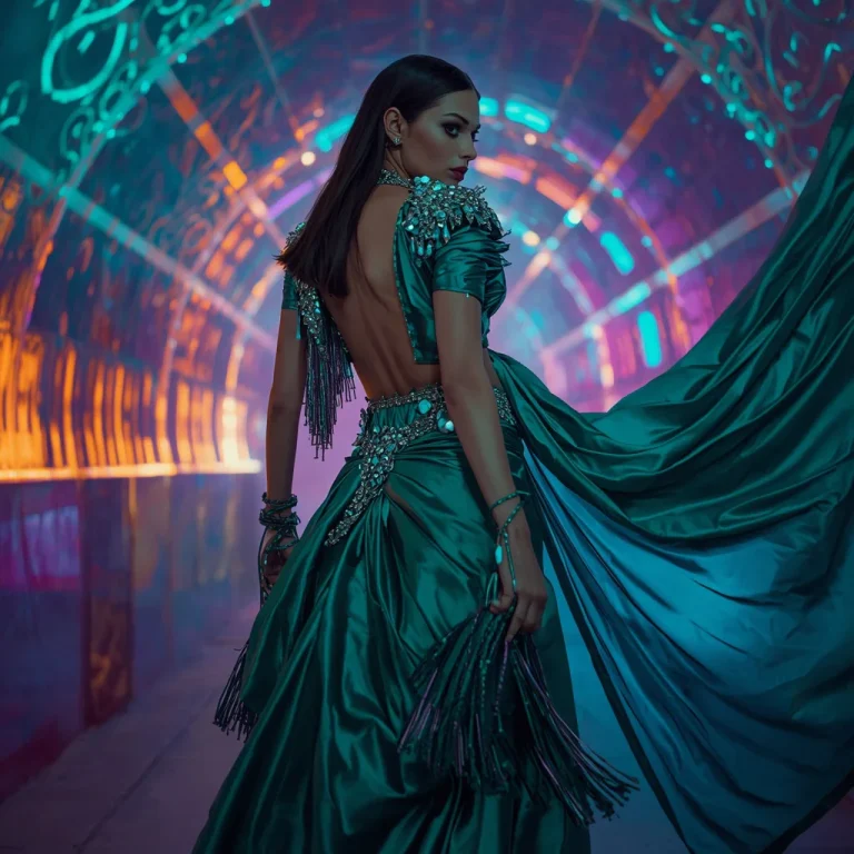 Cosmic Emerald Royale Saree with Neon Reflection Galaxy Observatory | ai photo prompt for girls college — AI image prompt