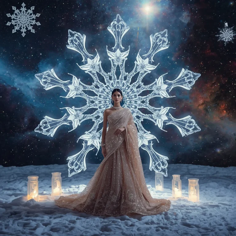 Designer Saree Inside Giant Floating Snowflake Galaxy Prompt — AI image prompt