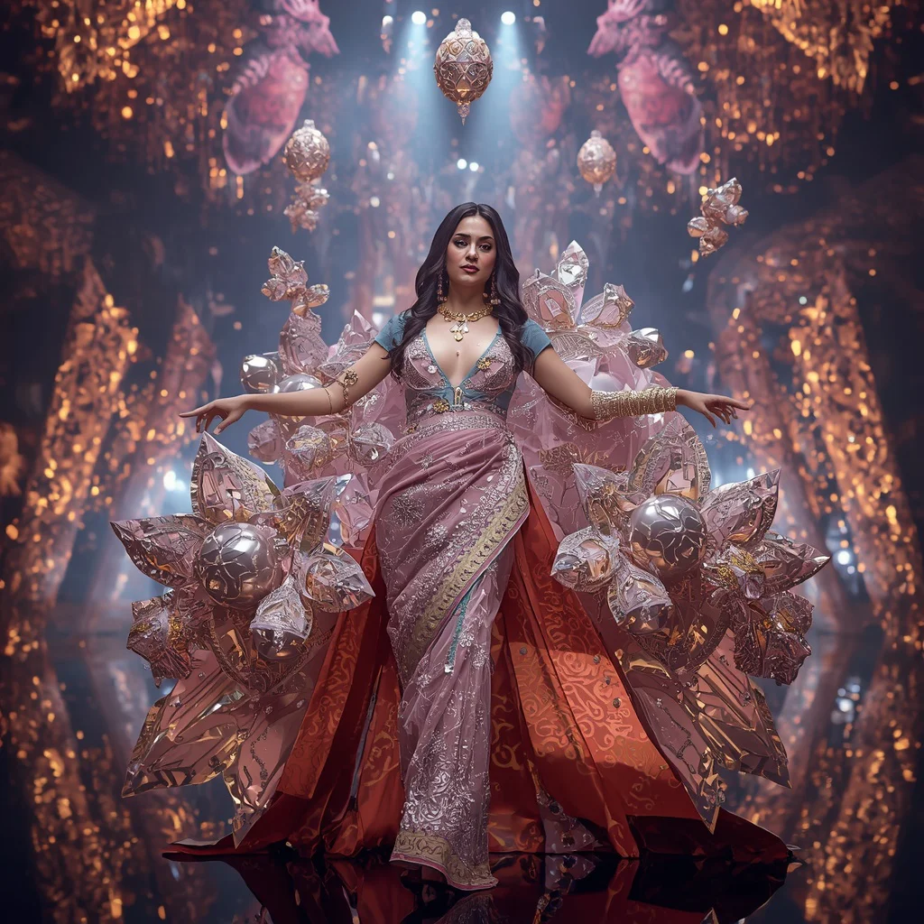Festival Ornament Couture Saree with Floating Decorative Celebration Charms | trending saree gemini prompt instagram — AI image prompt