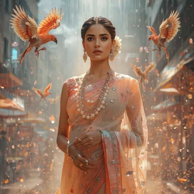 Festive Pastel Saree Crystal Phoenix Rain Bazaar Collage | Jewelstorm Rebirth Prompt — AI image prompt