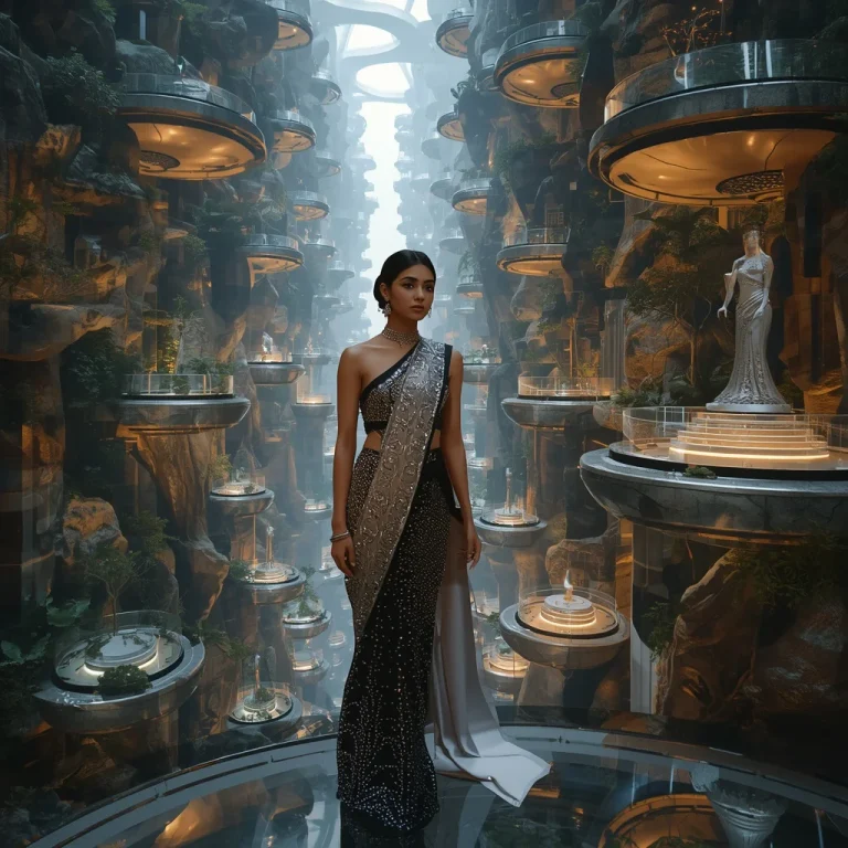 Futuristic Fashion Saree Queen Exploring Infinite Vertical Garden Canyon Architecture | chatgpt prompt for saree look for girl — AI image prompt