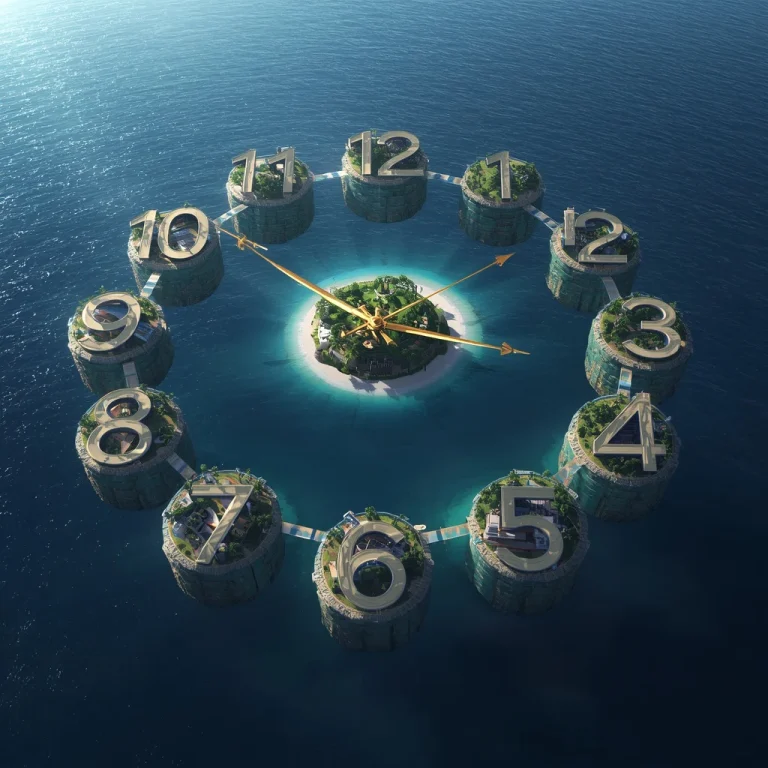Giant Floating Clock Face Made Of Luxury Islands | Chat GPT prompt for look — AI image prompt