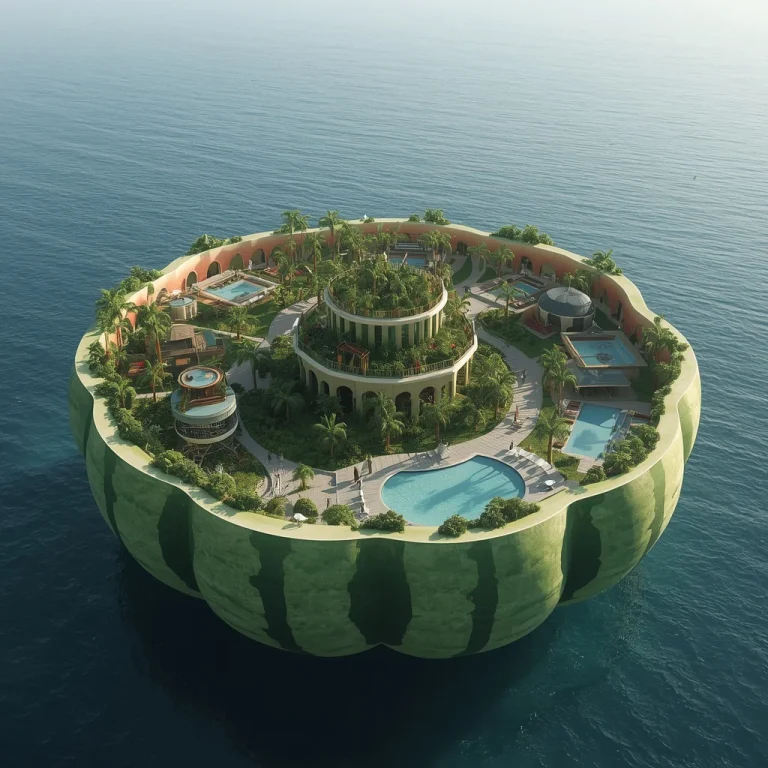 Giant Luxury Floating Watermelon Harbor With Crystal Beaches and Infinity Lagoons | Trending prompt in instagram ai photo lofi dusk — AI image prompt