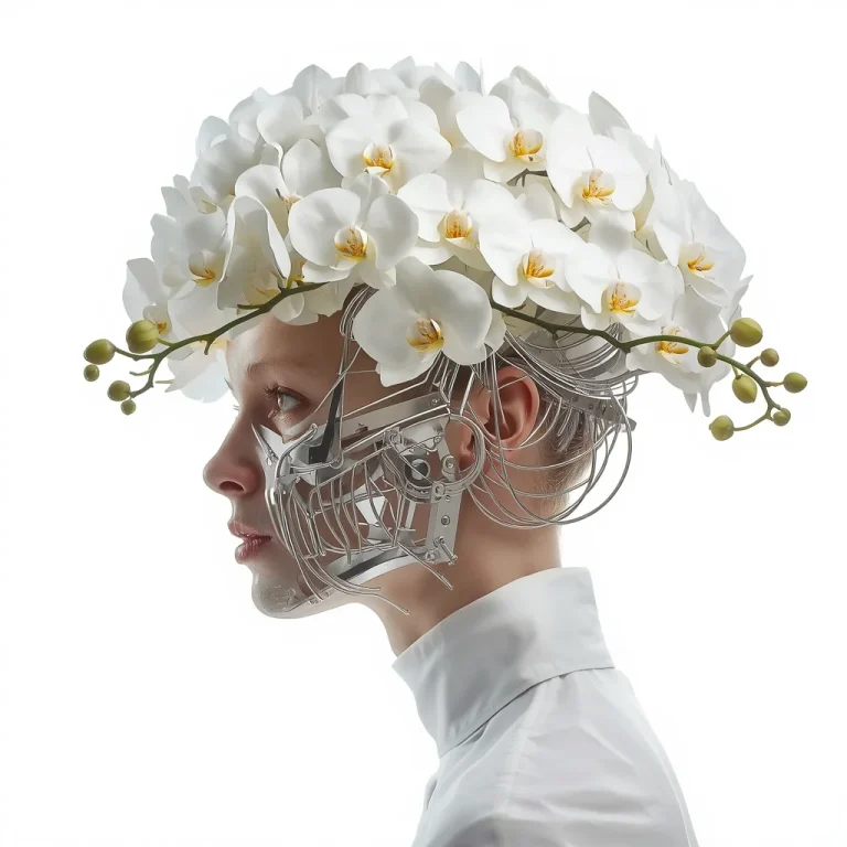 High-Fashion Headpiece Featuring An Articulated Silver Mechanical Skeleton And White Orchids | instagram prompt for pic — AI image prompt