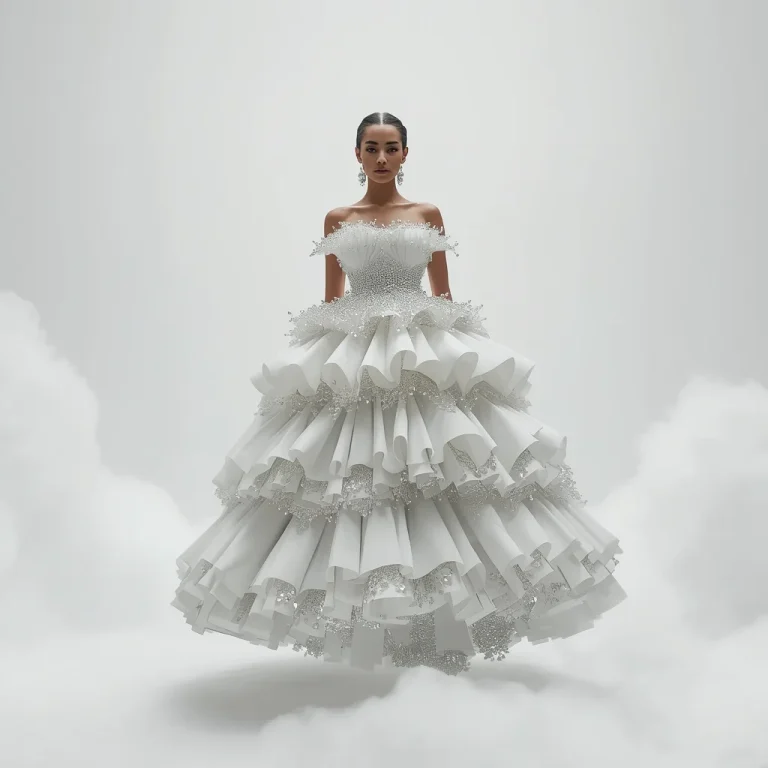 Kinetic 3D Floating-Tier Porcelain Ballgown in a Cloud-Studio | Image prompt ChatGPT — AI image prompt