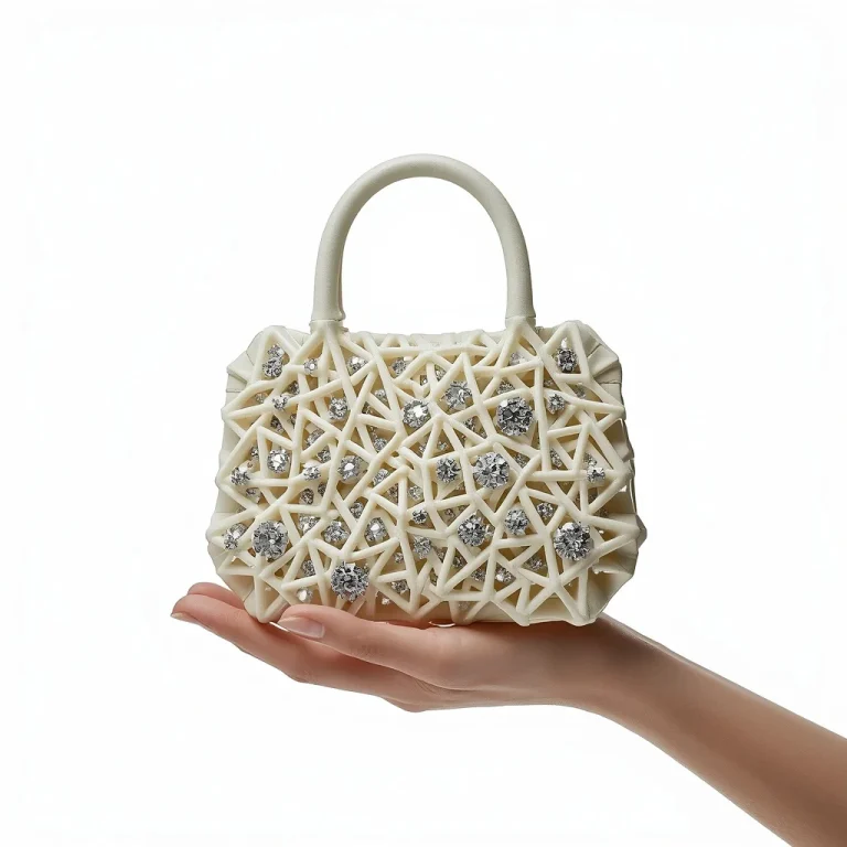Luxury Avant-Garde Handbag Made Of Interlocking 3D-Printed Polymer And Diamond Lattice | Google Gemini — AI image prompt