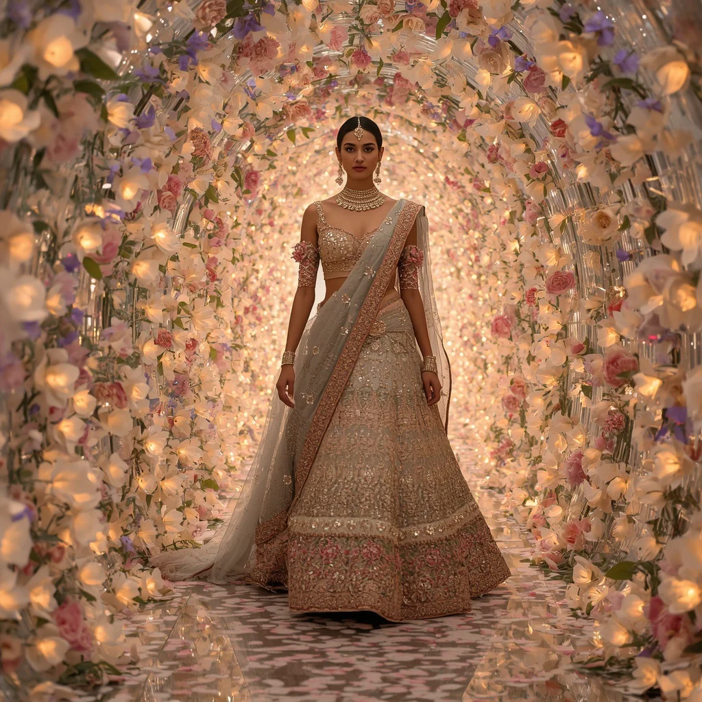 Luxury Crystal Tunnel Saree Empress Walking Through Endless Flower Light Corridors | prompt for gemini ai girl modern saree instagram — AI image prompt