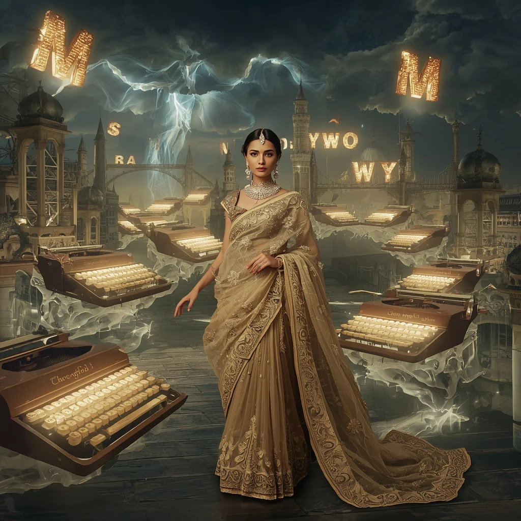 Luxury Floating Crystal Typewriter Saree Queen In Literary Dream Civilization | instagram trending prompt generator — AI image prompt