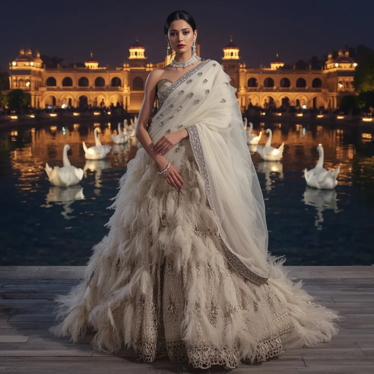 Luxury Floating Swan Nest Saree With Royal Lake Palace Background | traditional saree ai prompt — AI image prompt