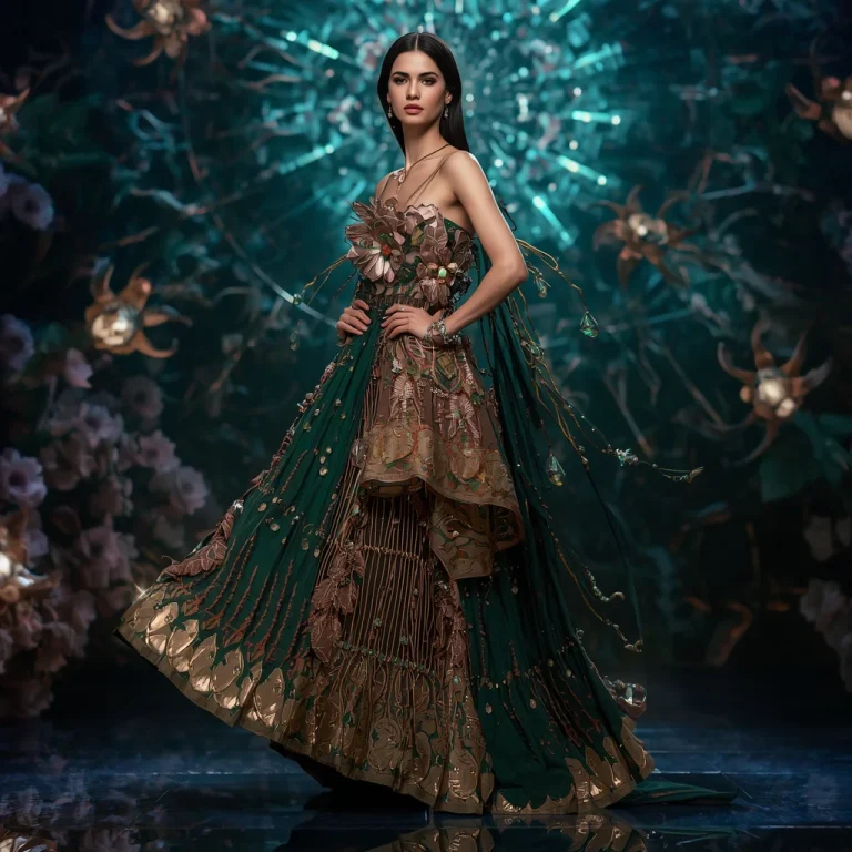 Magnetic Bloom Reactor Saree with Cyber Floral Plasma Singularity Nexus Dome Field | instagram trending purple saree prompt — AI image prompt