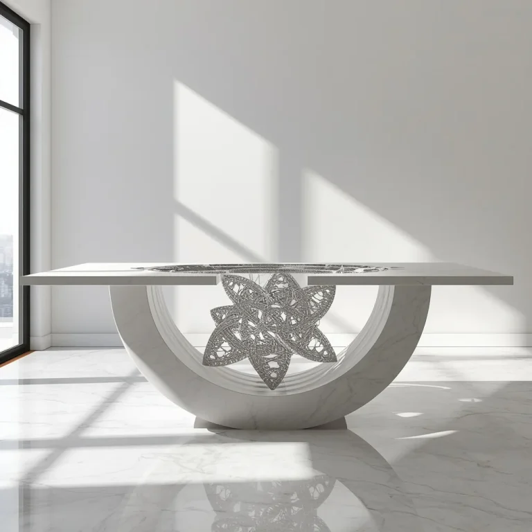 Majestic Hovering White Marble Console Table With 3D Platinum Fractal Structural Core | Trending Instagram Prompt — AI image prompt