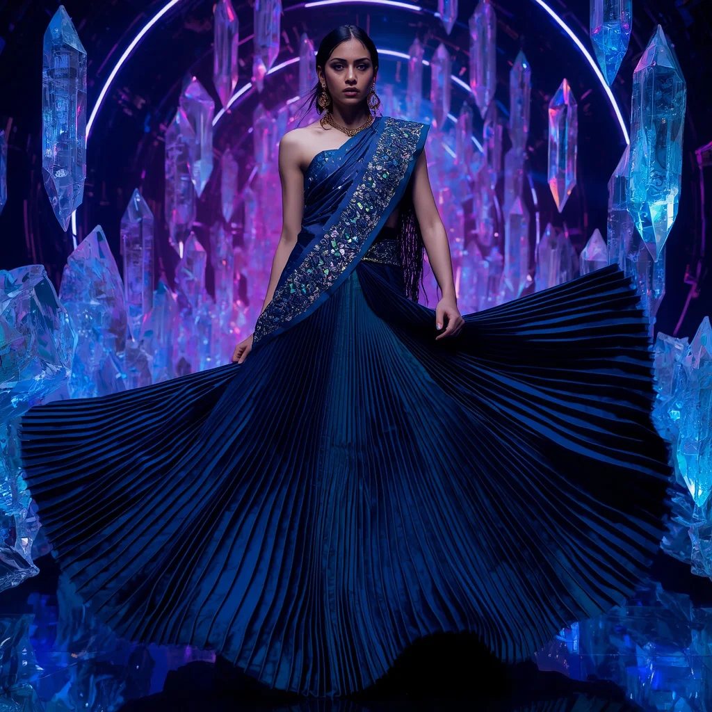 Midnight Aurora Infinity Saree with Floating Crystal Orbit Corridors | new instagram trend prompt for girl aesthetic — AI image prompt