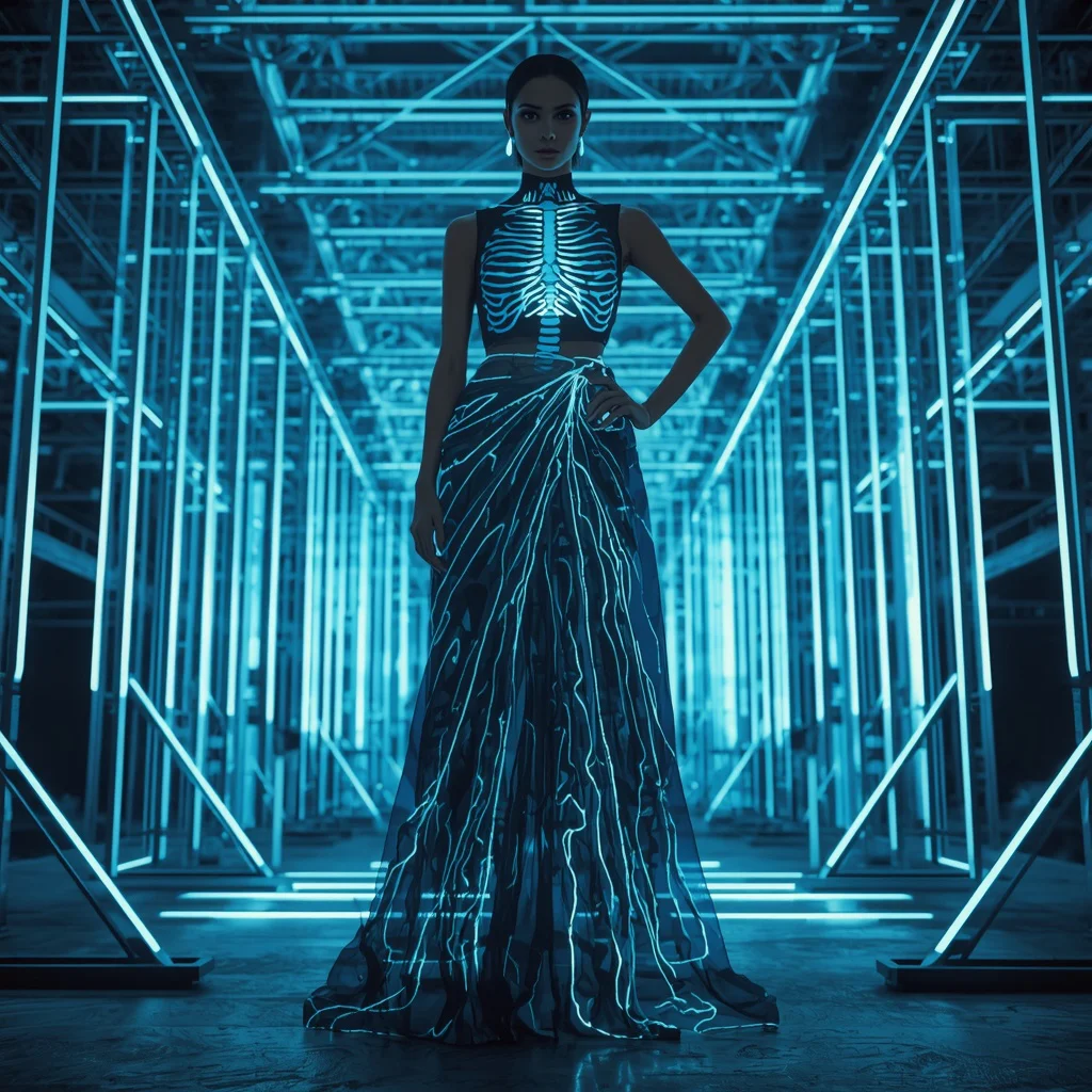 Neon Bone Alloy Saree with Synthetic Anatomy Light Cathedral Grid Nexus Infinity Core | new instagram trend prompt for girl saree look copy and paste download — AI image prompt