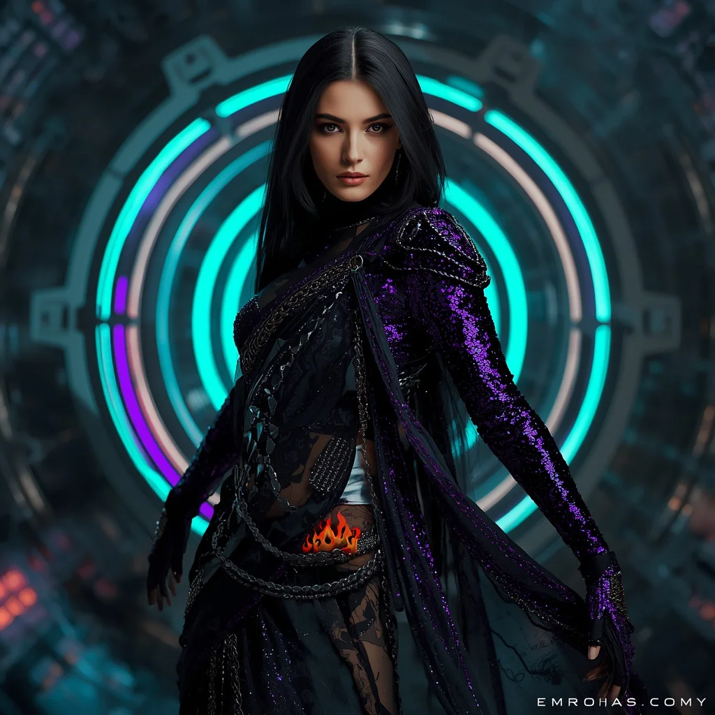 Obsidian Comet Apex Quantum Armor Saree with Hypervault Corridor Matrix Collapse Engine Core System Nexus Field Reactor | instagram trending purple saree prompt — AI image prompt