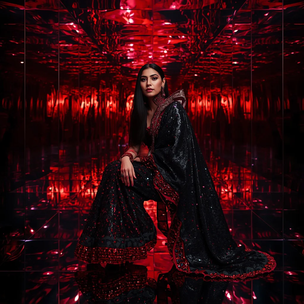 Obsidian Inferno Velocity Saree with Floating Prism Reflection Infinity Corridor | instagram trending saree prompt — AI image prompt