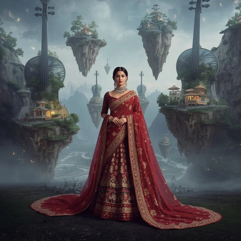 Royal Designer Saree Empress Surrounded By Giant Floating Crystal Violin Islands | prompt for gemini ai girl modern saree — AI image prompt