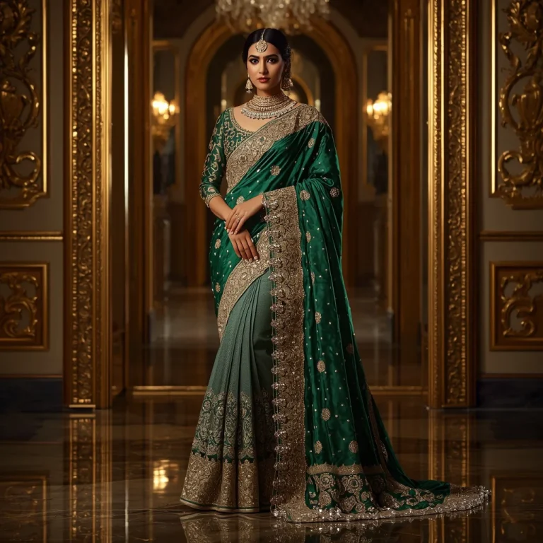 Royal Emerald Gold Saree Fashion with Grand Mirror Palace Background | saree prompt chatgpt — AI image prompt