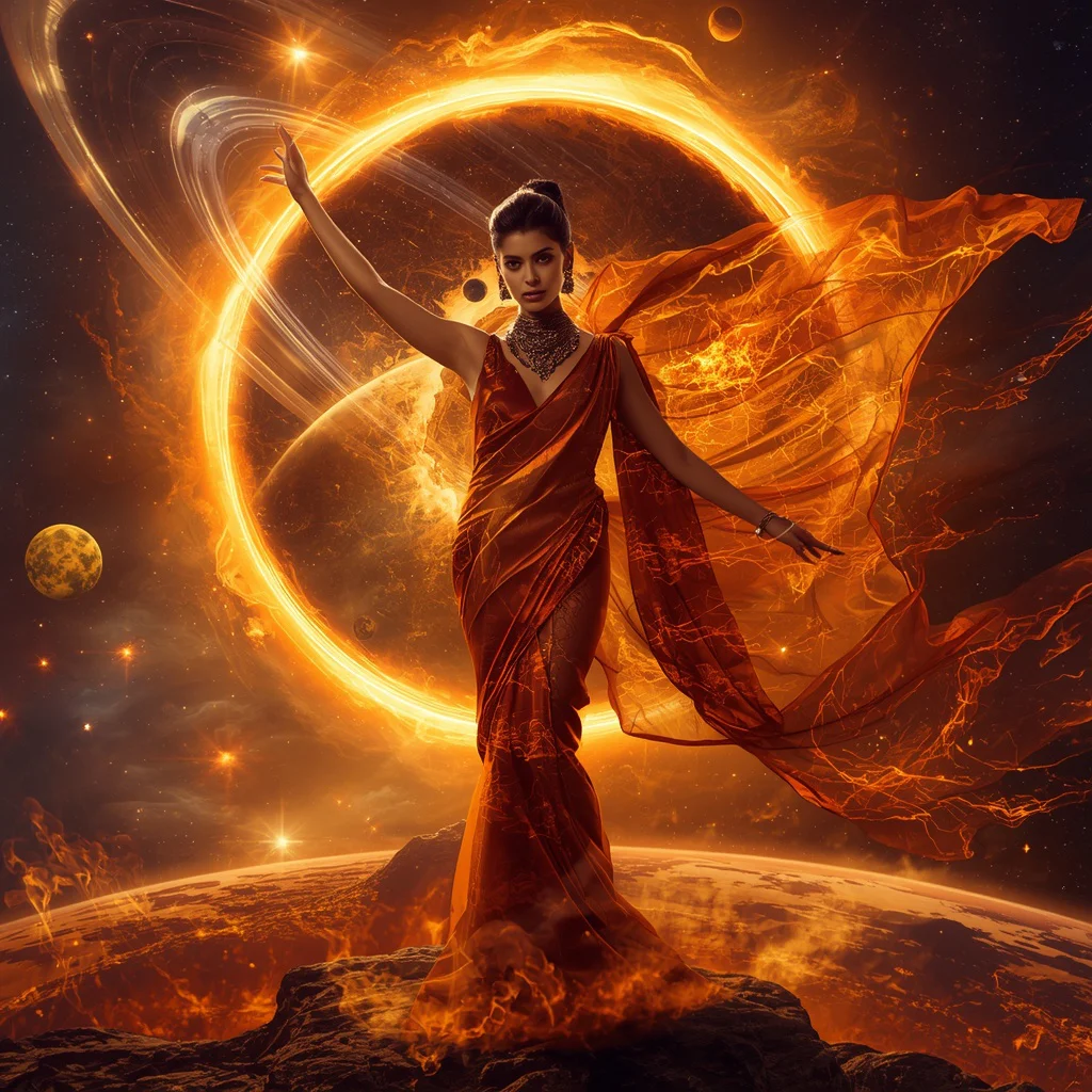 Solar Nebula Seraph Saree with Orbital Flame Horizon Dominion Singularity Rift | instagram prompt for traditional look for girl in english — AI image prompt