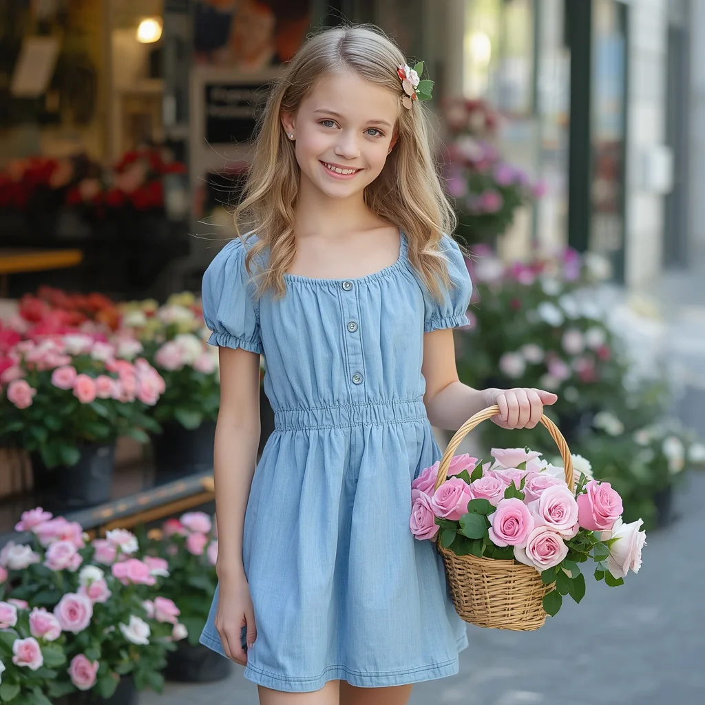 A cute girl in a light blue denim dress — AI image prompt