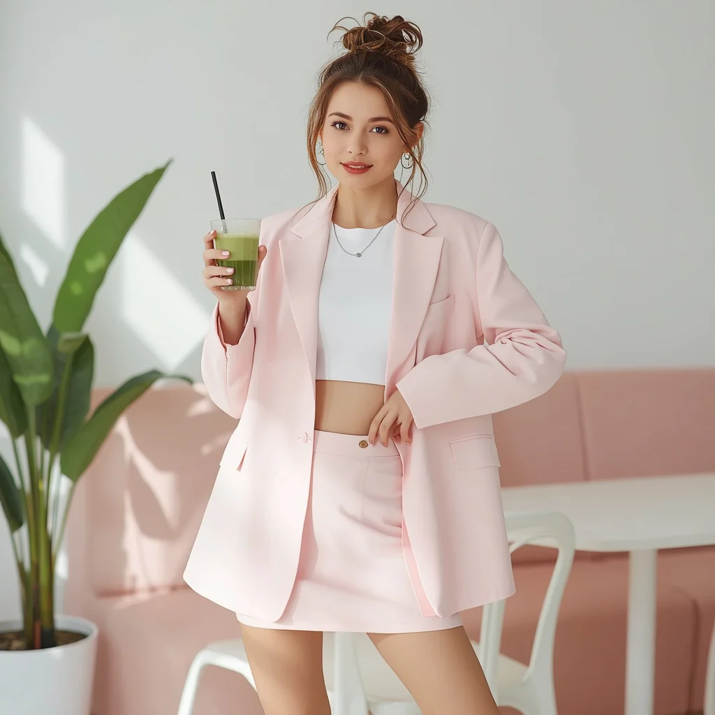A cute girl in a pastel pink blazer set — AI image prompt