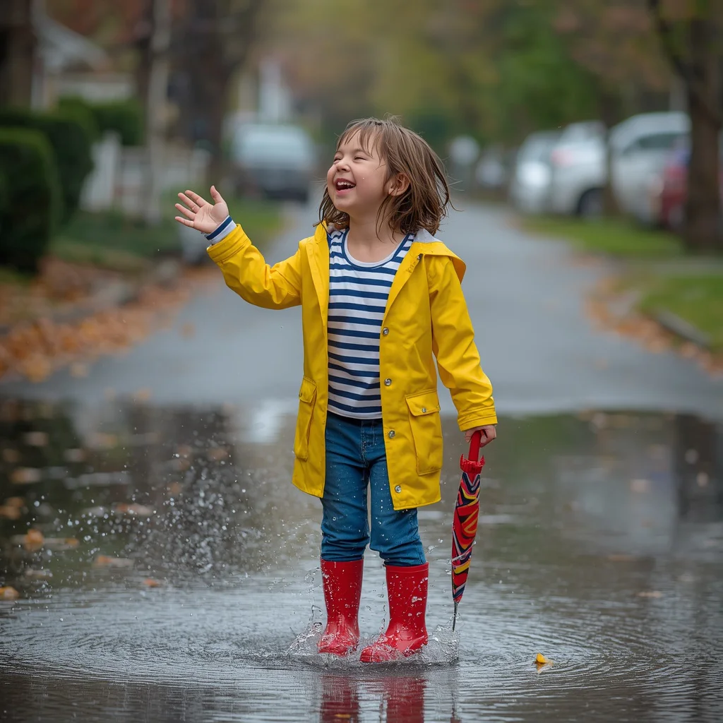 A cute girl in a yellow rain coat and boots — AI image prompt