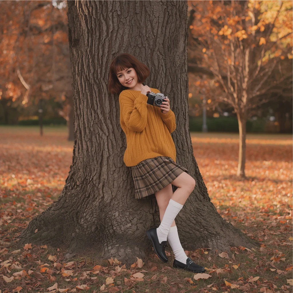 A cute girl in a yellow sweater and plaid skirt — AI image prompt