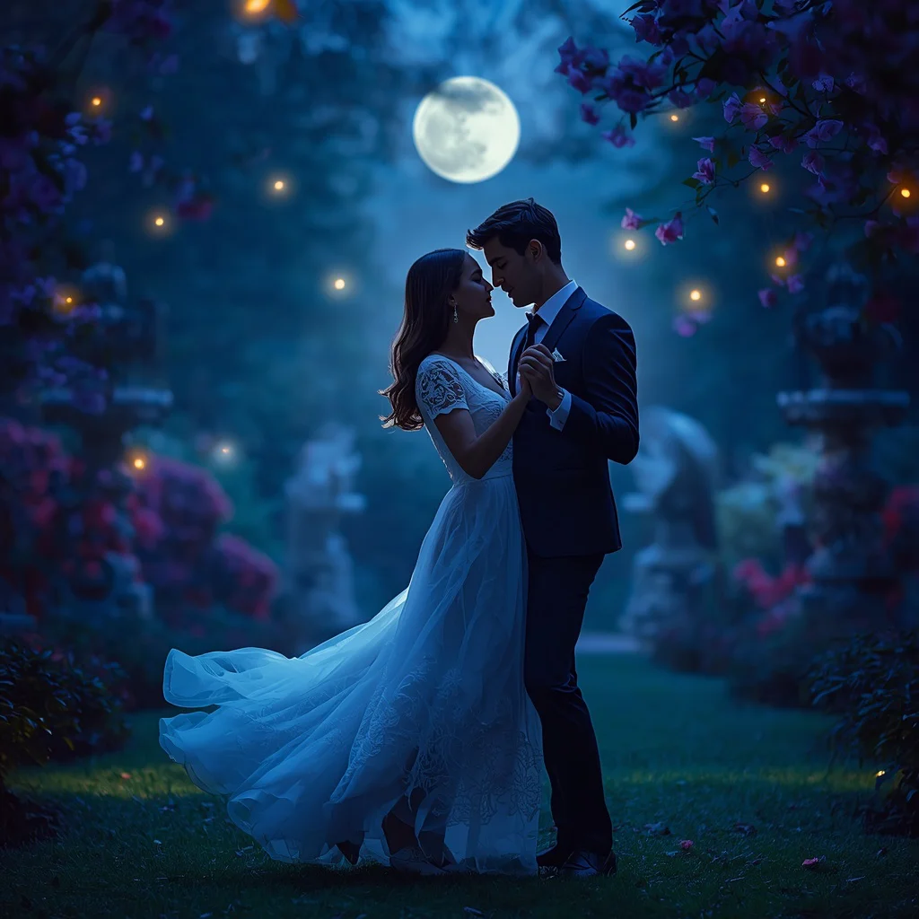 A Romantic Couple Sharing an Intimate Dance in a Moonlight Garden — AI image prompt