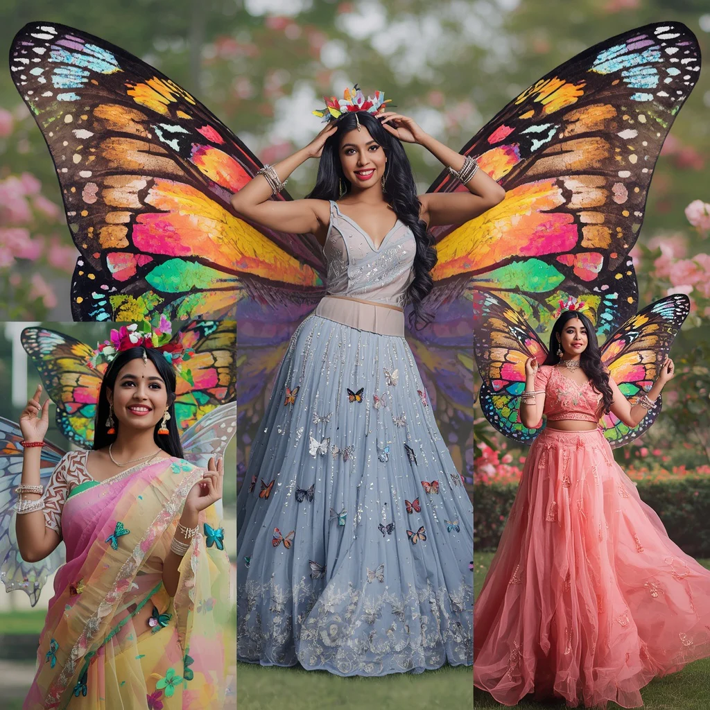 A vibrant ‘butterfly wing’ collage, with iridescent wings forming frames for an Indian woman in whimsical attire. — AI image prompt