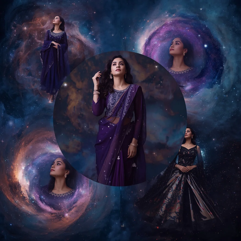 An ethereal ‘galaxy swirl’ collage, with cosmic patterns framing an Indian woman in celestial couture. — AI image prompt