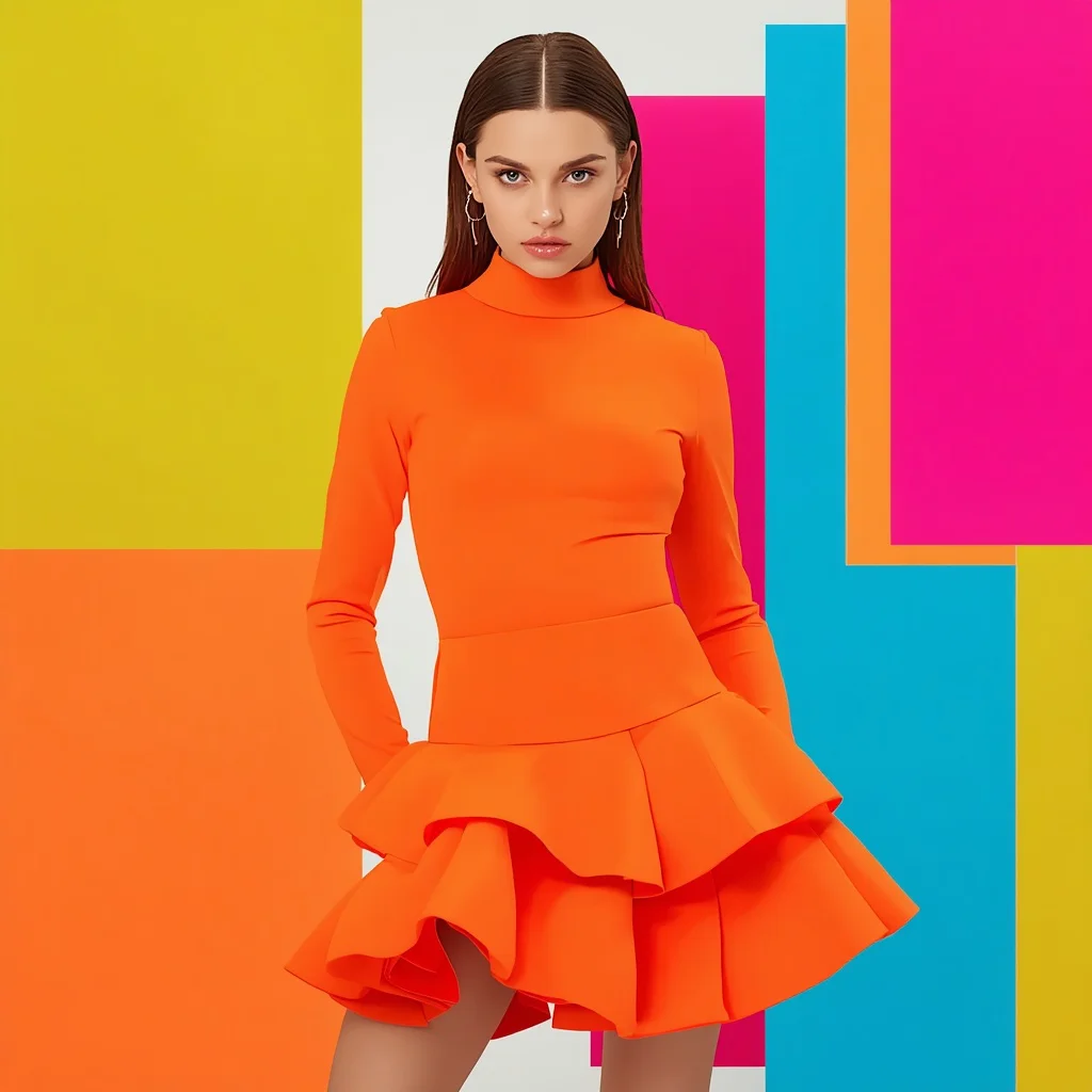 Beautiful Girl In Architectural Neon Orange Scuba Dress — AI image prompt