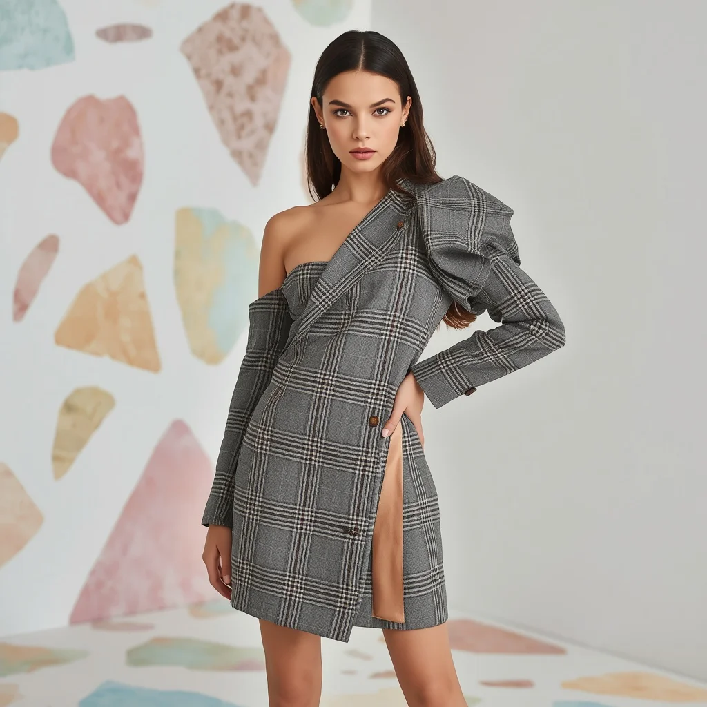 Beautiful Girl In Asymmetric Plaid Pattern Blazer Outfits — AI image prompt