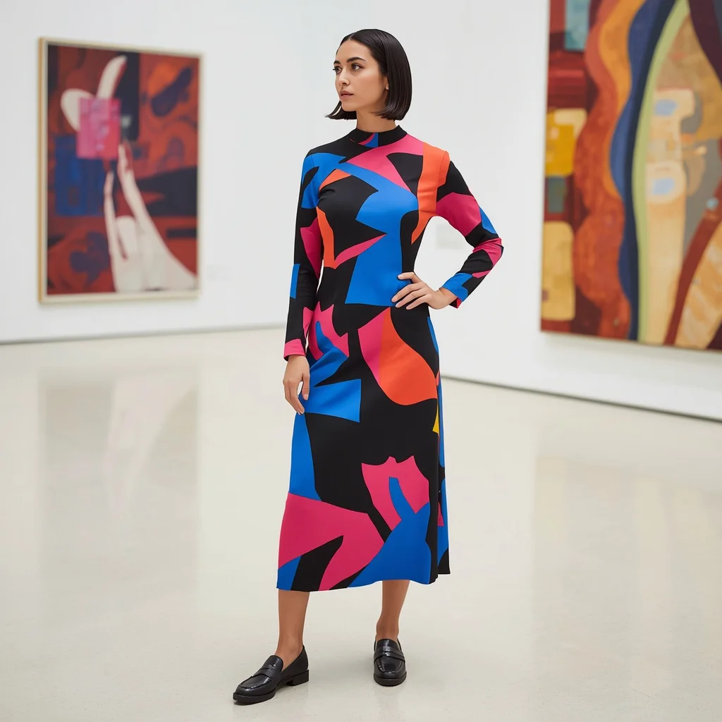 Bold Abstract Print Midi Dress for a Modern Museum Visit — AI image prompt