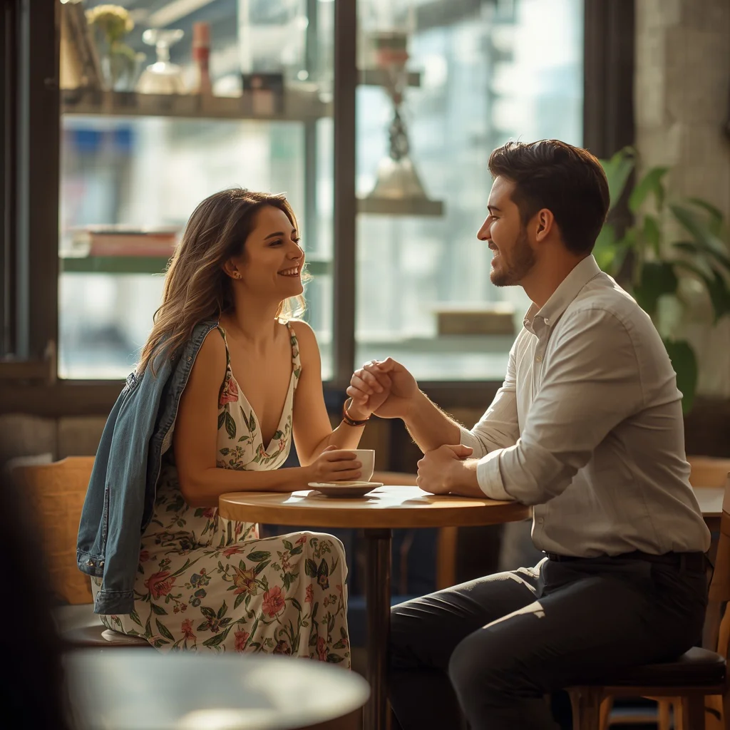 Charming Couple Enjoying a Romantic Cafe Date in Stylish Attire — AI image prompt