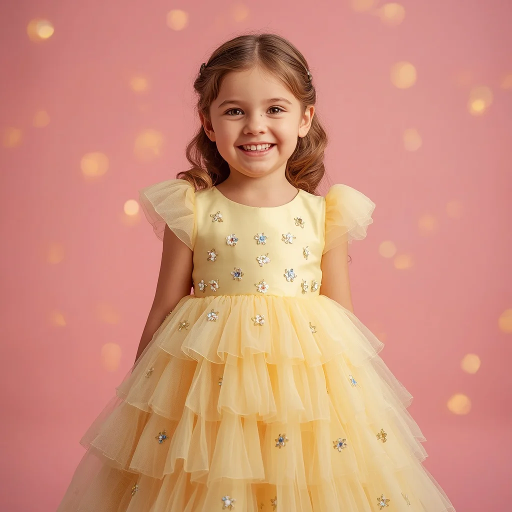 Cute Girl in Whimsical Yellow Floral Tulle Dress — AI image prompt