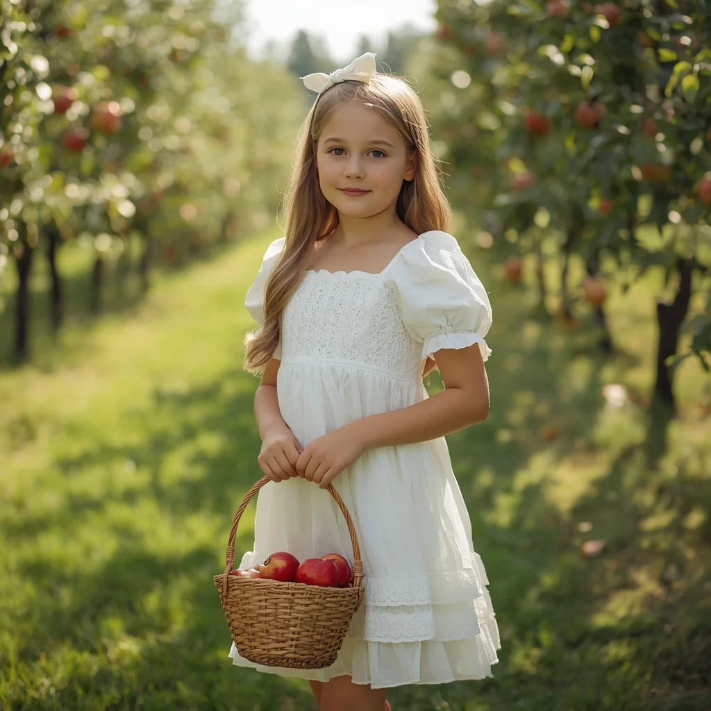 Cute Girl In White Eyelet Ruffle Dress In Orchard — AI image prompt