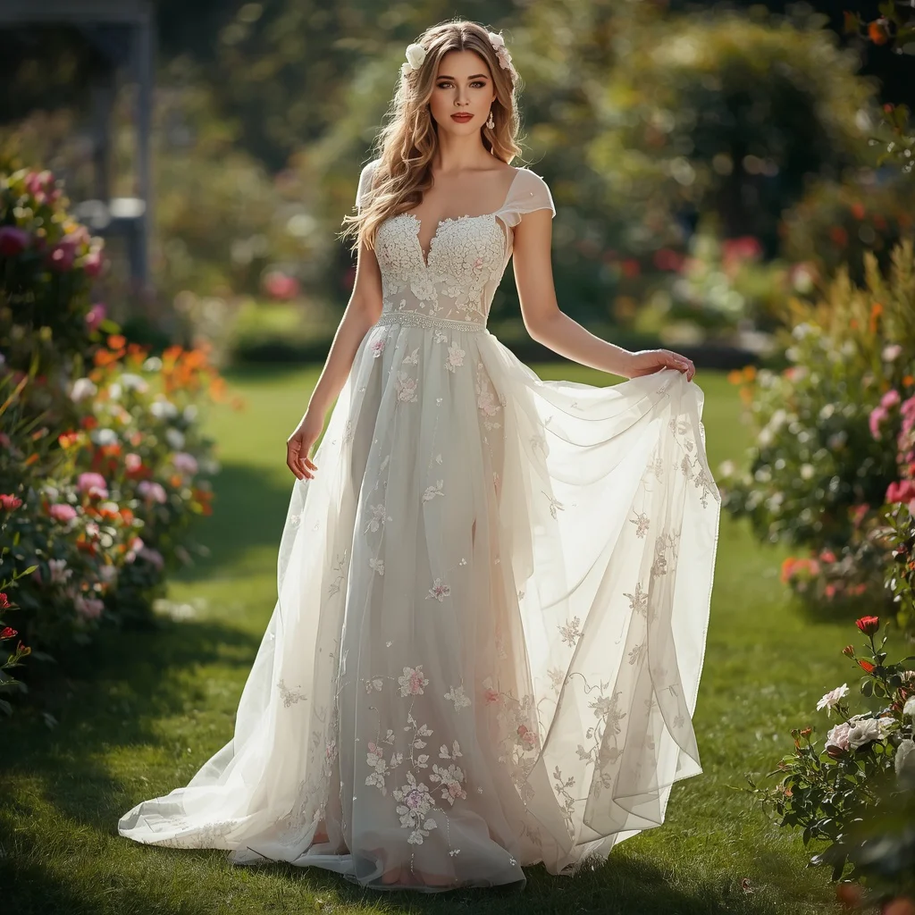 Delicate Floral Embroidered Gown for a Romantic Engagement Shoot — AI image prompt