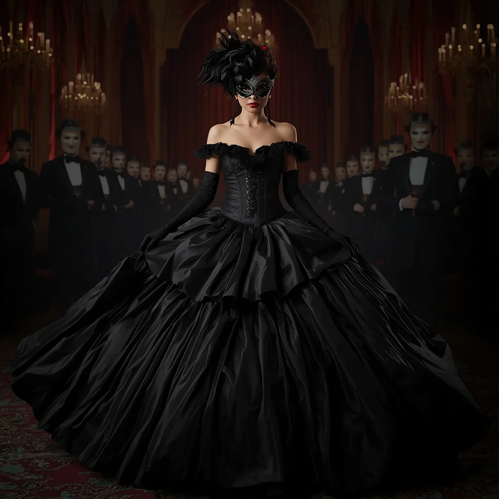 Dramatic Black Taffeta Ball Gown for a Masquerade Ball — AI image prompt