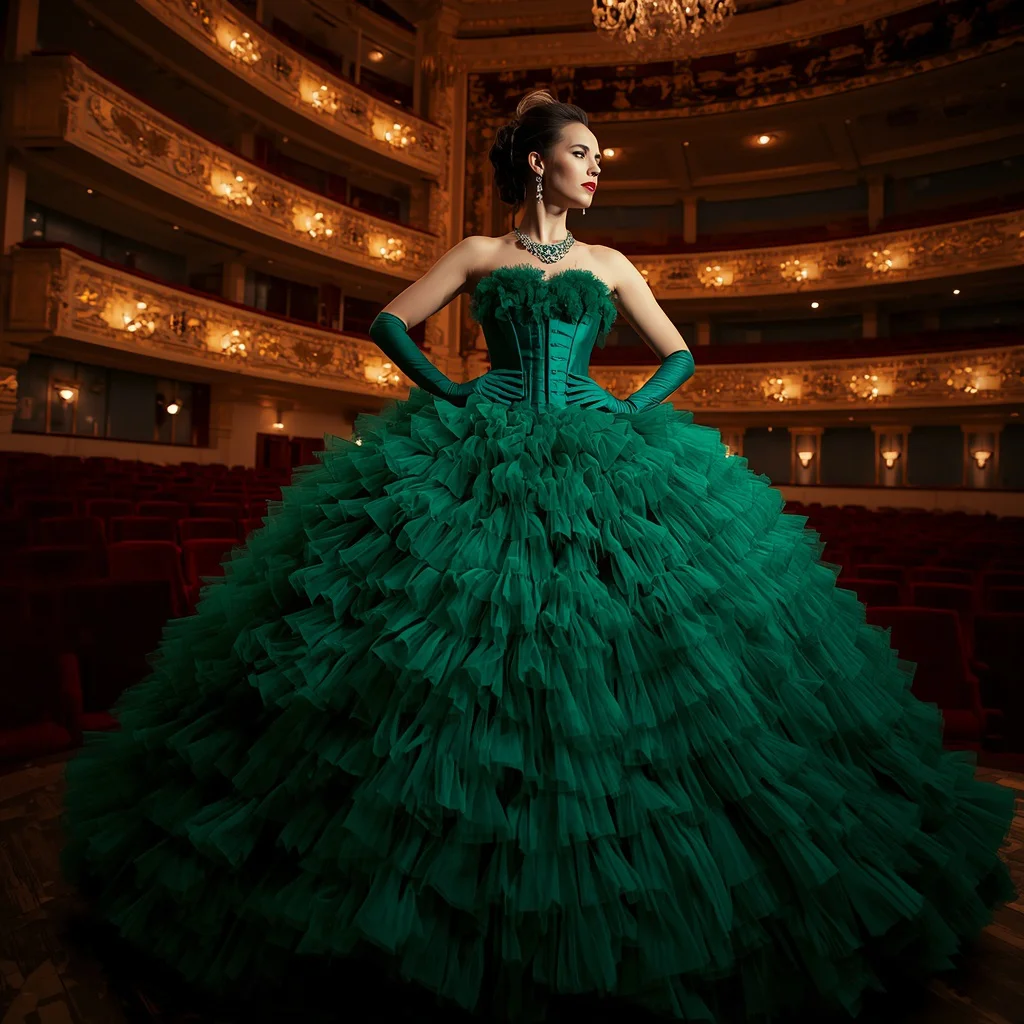 Dramatic Ruffled Tulle Gown in Emerald Green for Opera — AI image prompt