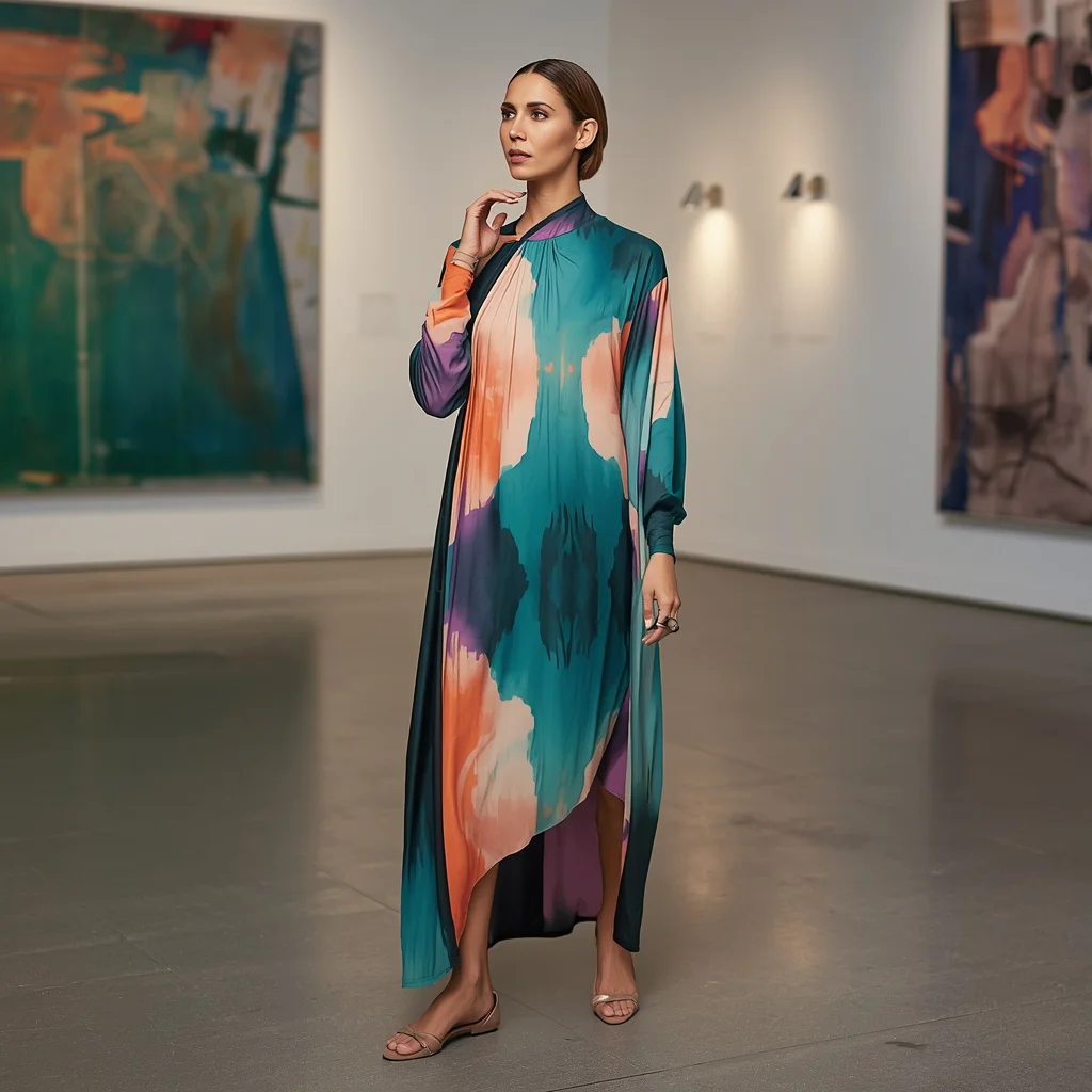 Modern Abstract Print Maxi Dress for a Gallery Opening — AI image prompt