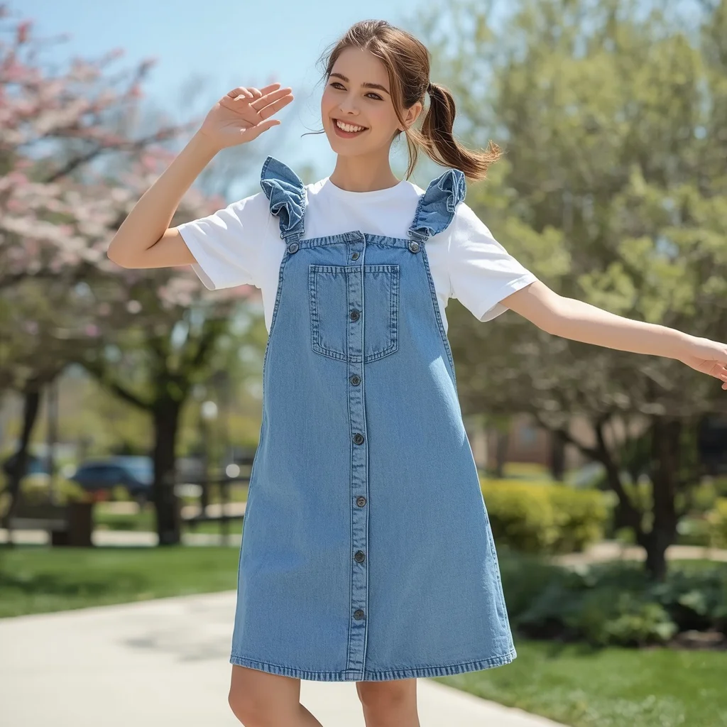 Western Denim Jumper Dress with Ruffles for Casual Day — AI image prompt